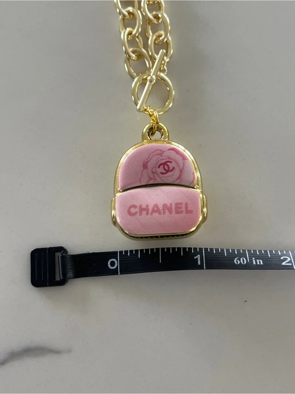 Authentic Chanel Upcycled Large 3D Pink Backpack Charm on 14k GP Toggle Necklace - Picture 7 of 12